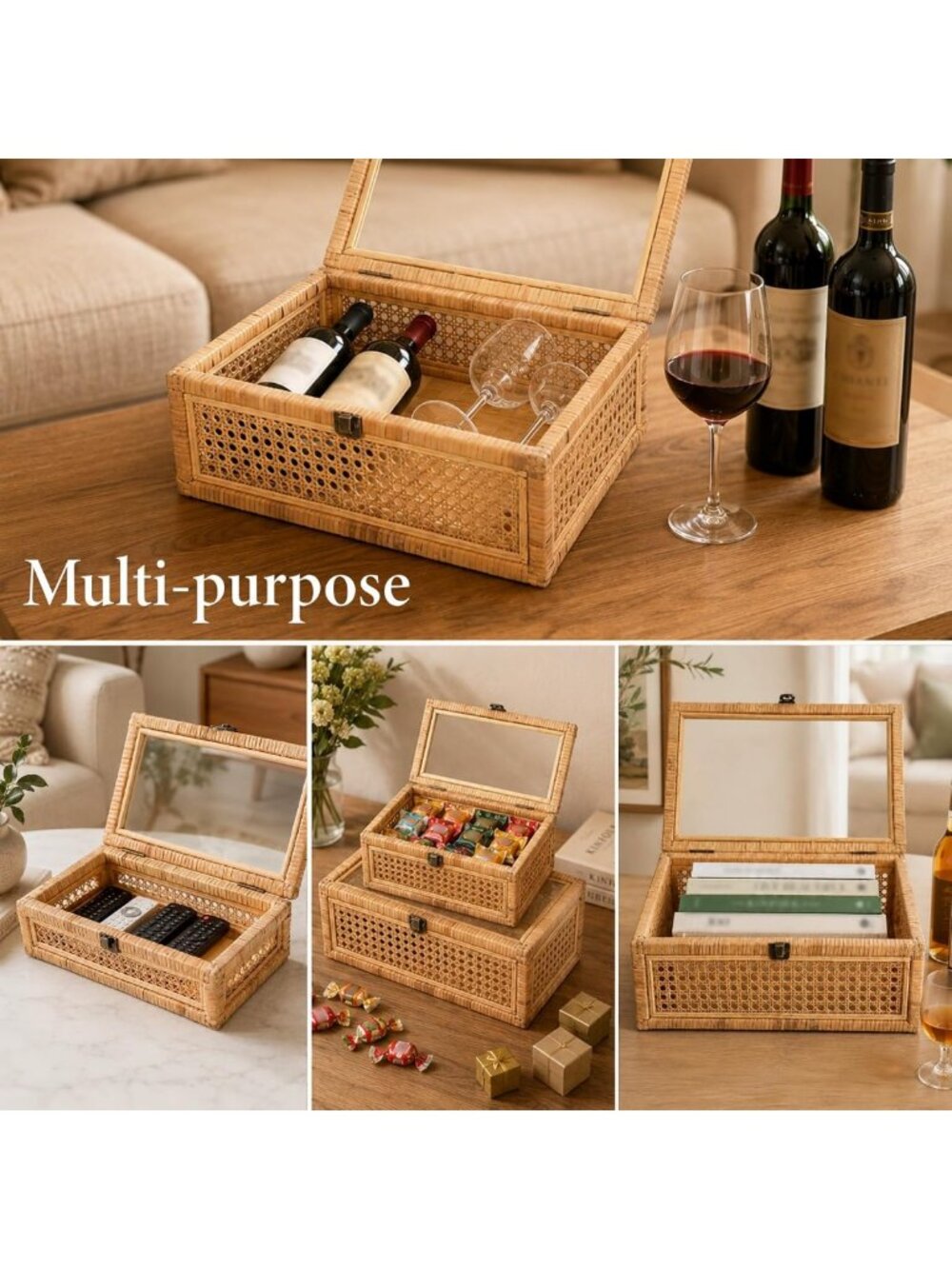 Large Woven Rattan Decorative Box Set with Lid - Rectangular Glass Display - Picture 6 of 7
